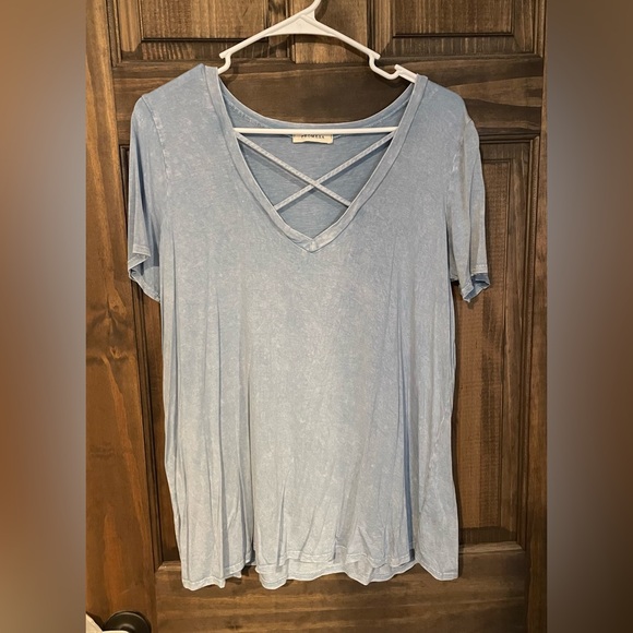 Blue Acid Wash Criss Cross V Neck T Shirt Blouse - Picture 2 of 9